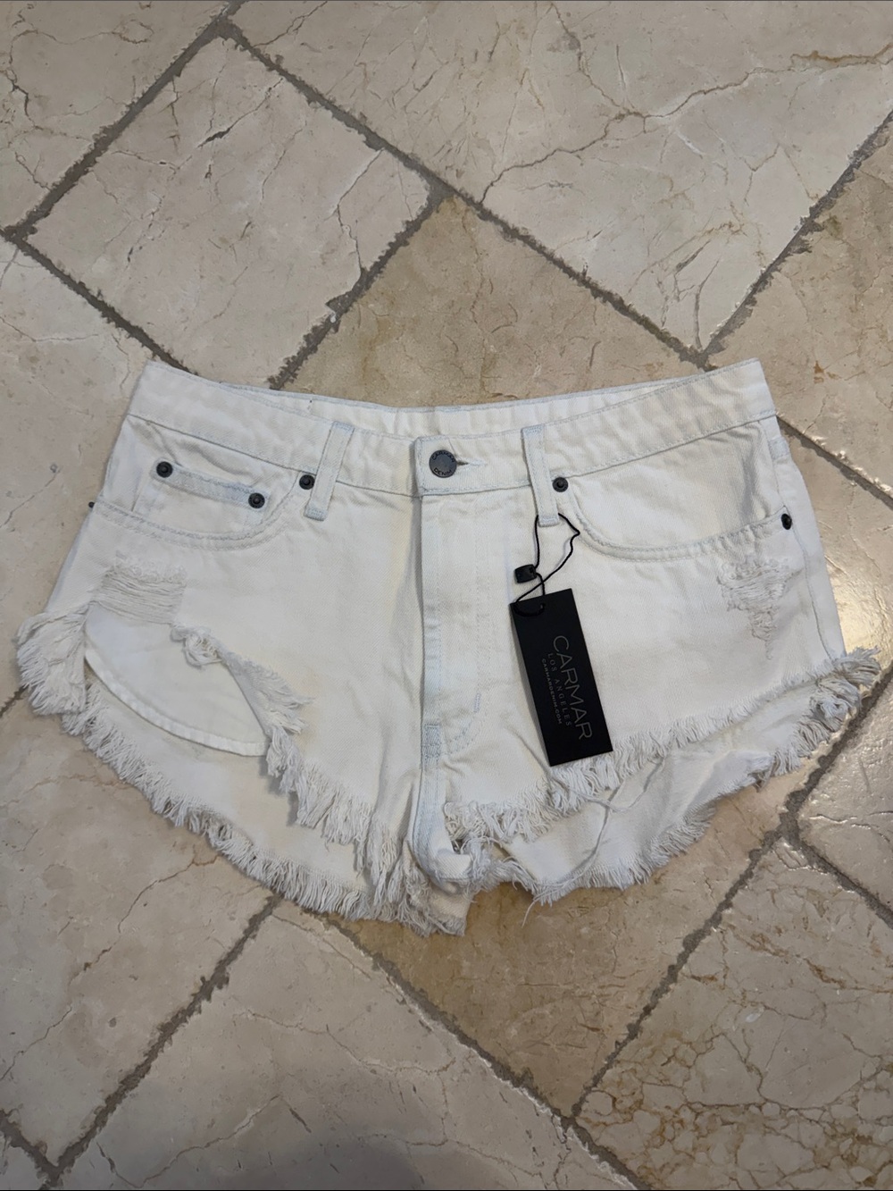 Carmar White Distressed Frayed Hem Denim Shorts